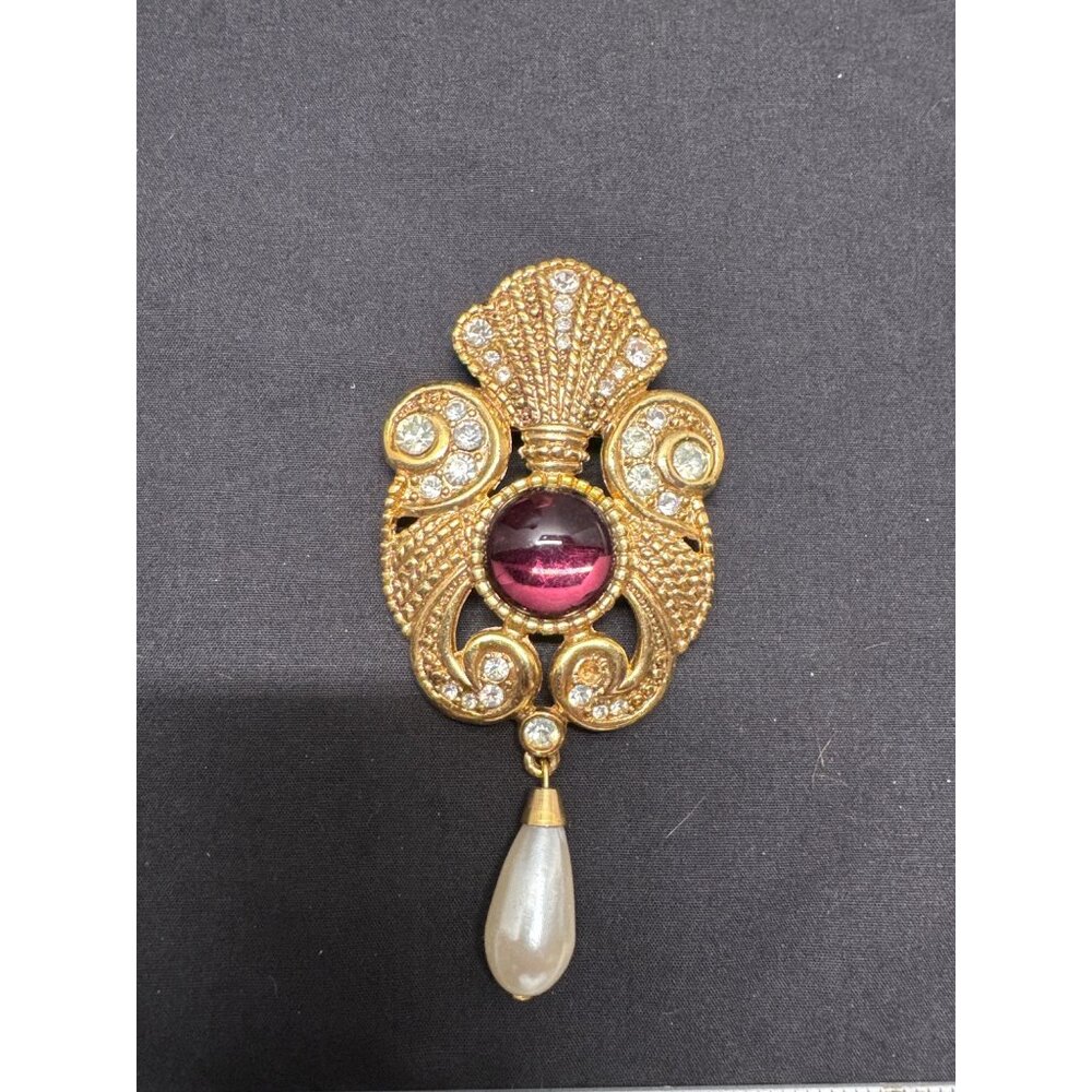 Jeff Lieb Gold Tone Brooch Rhinestones Red Cabochon Pearl Drop Elegant Vintage J